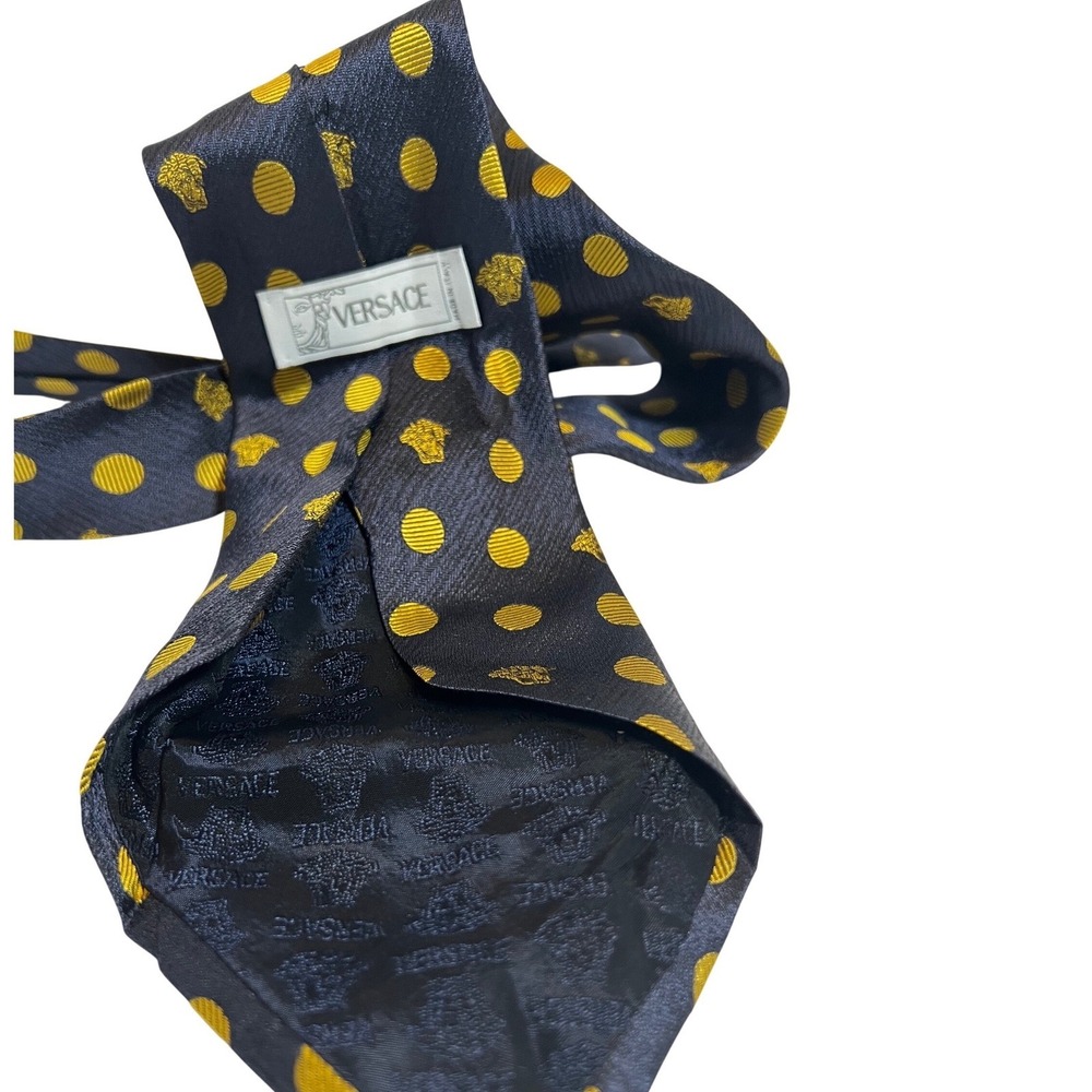 Versace Necktie Mens OS Navy Blue Gold Polka Dot Medusa Head Silk Made in Italy - Picture 5 of 12